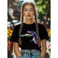 thumbnail image 5 of Women's T-Shirt Colorful Dinosaur Splash Short Sleeve Casual Tee Classic Crew Neck T Shirt for Women Black, XS, 5 of 7