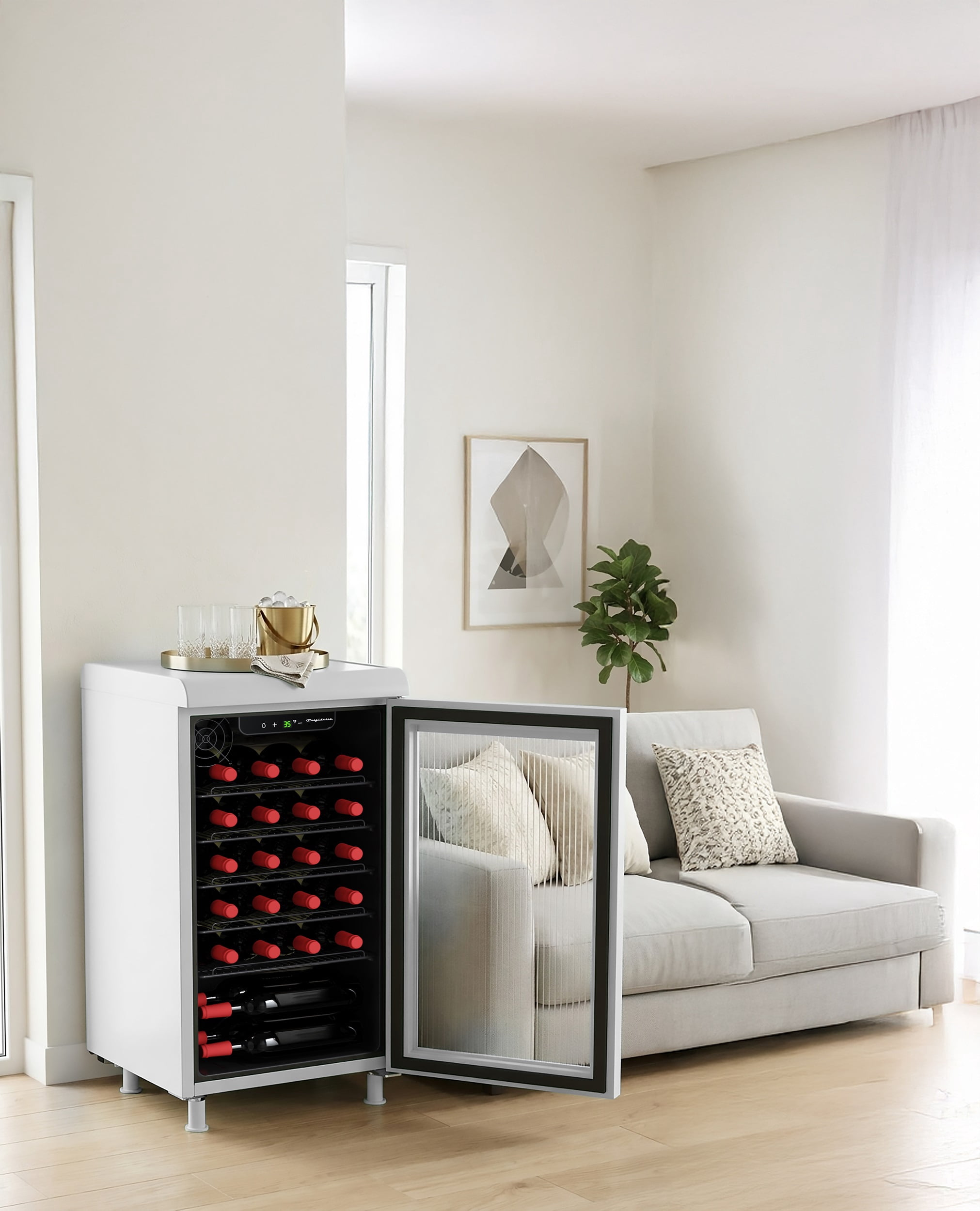 Frigidaire 27 Bottle / 117 Can Retro Wine Cooler with Built-in Bar Top, 3.1 Cu. ft. Beverage Refrigerator with Tempered Glass Door, White