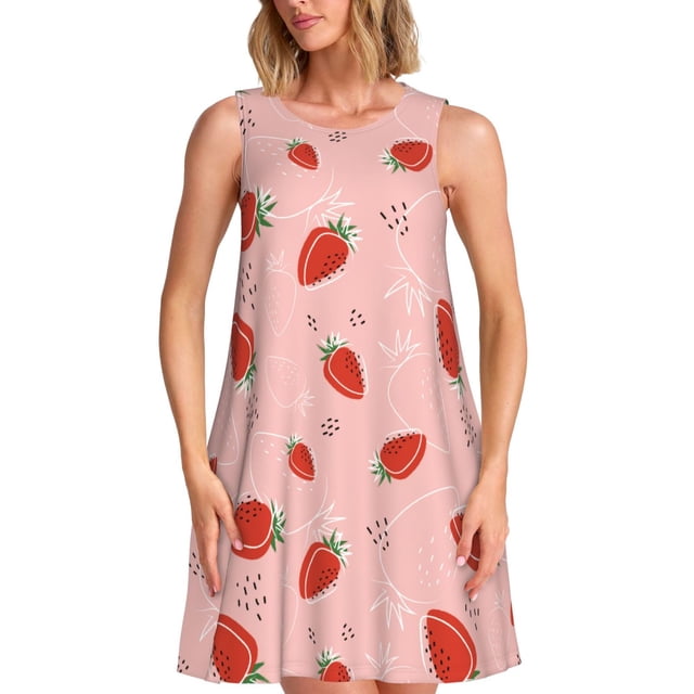 Vsdgher Robes d'Été Imprimé Fraise pour Femmes Robe de Plage Décontractée Col en U Sans Manches Robe d'Été Ample avec Poche