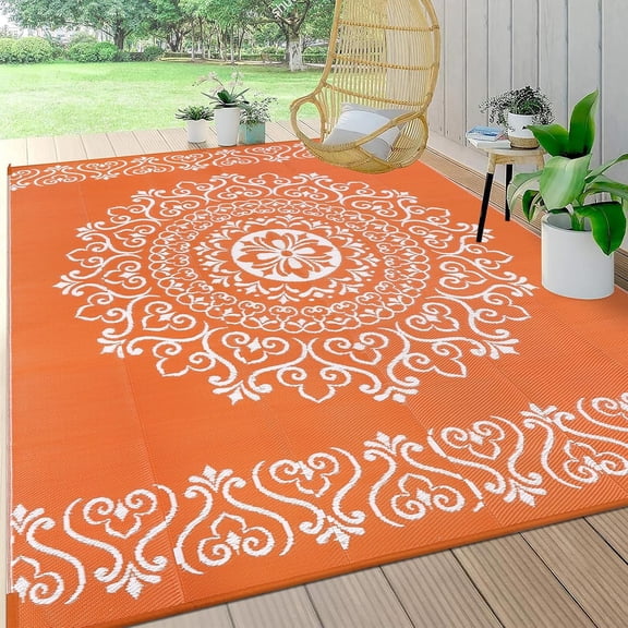MJIAexp 6'x9' Orange Outdoor Rug Patio Rug Waterproof RV Outdoor Rug Camping Rugs Reversible Plastic Straw Rug Large Outdoor Mat for Camping, Balcony Apartment, Patio, Porch, Picnic, Beach