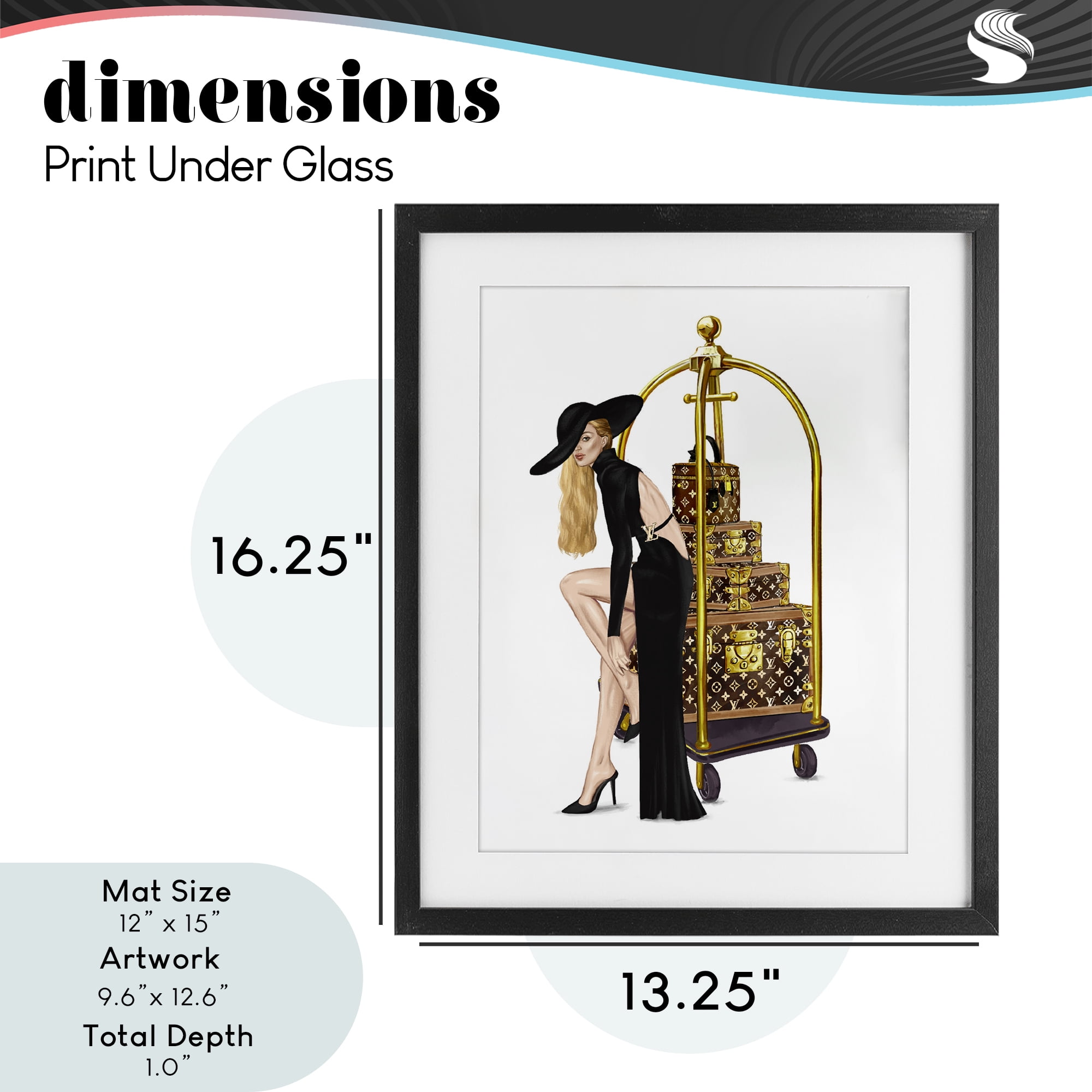 Fashionista with Hotel Luggage Black Framed Print Under Glass, design by Ziwei Li