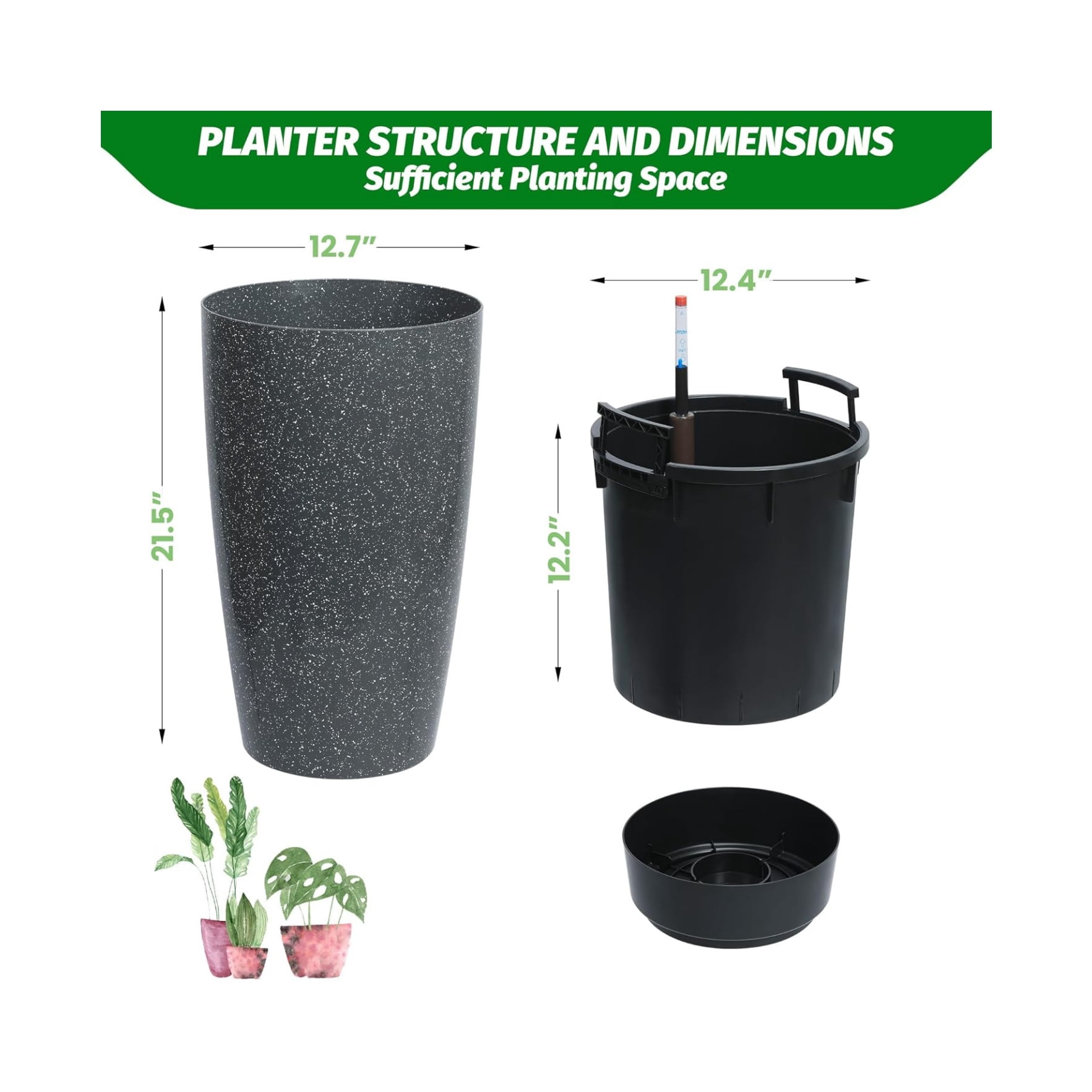 16/22" Tall Round Planter Set of 2, Self Watering Pots for Indoor Plants, Large Flower Pot Outdoor with Built-in Drainage and a Water Level Monitor, for Patio, Porch, Living Room, or Home Office