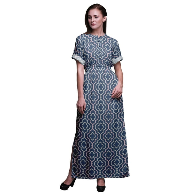 Bimba Robe d'Été Longue Maxi à Fente Latérale Imprimée Géométrique en Rayonne pour Femmes - Petite