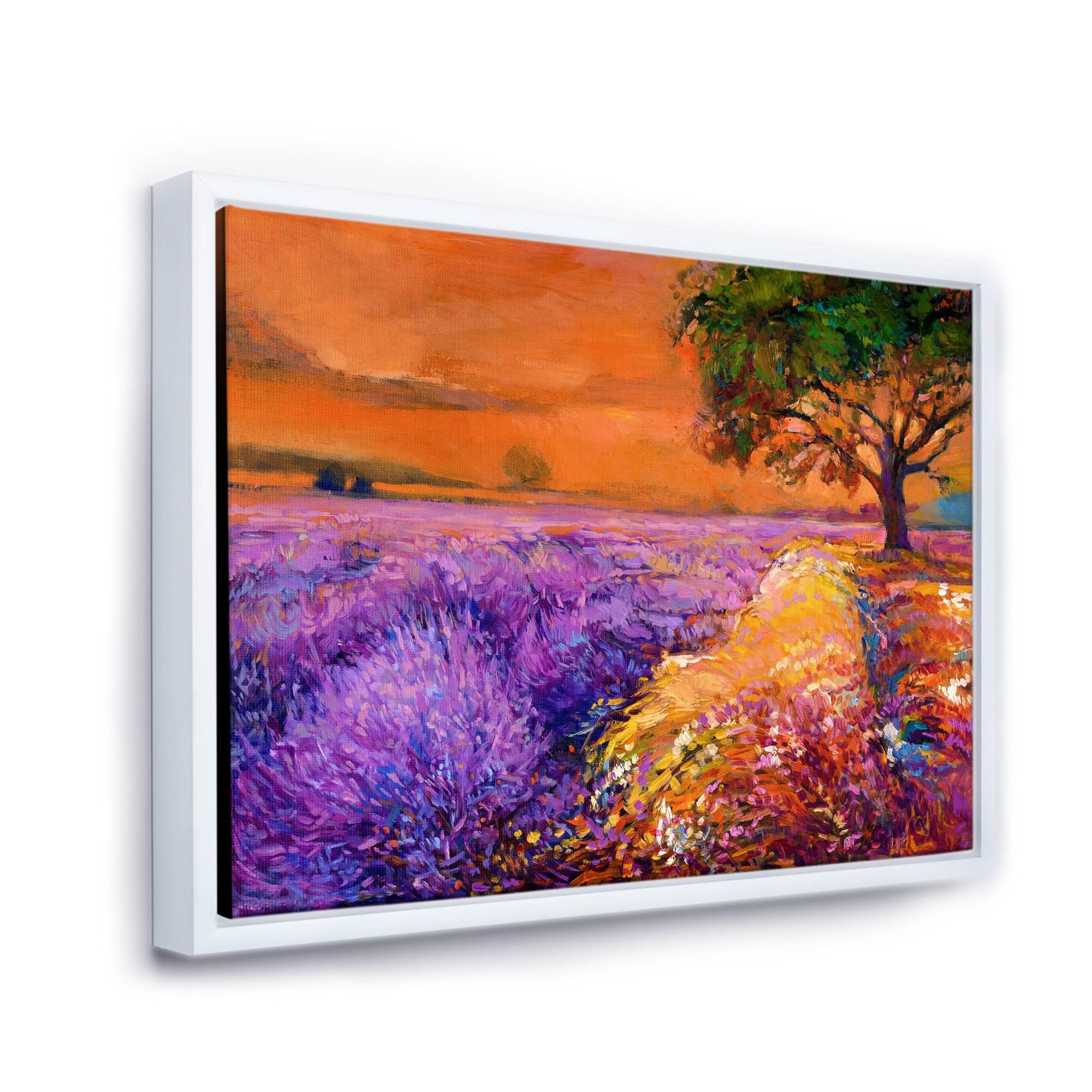 An Orange Sunset Over Purple Lavender Fields II 20 in x 12 in Framed Painting Canvas Art Print, by Designart