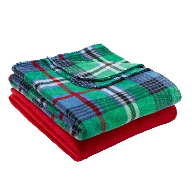 Mainstays Fleece Plush Throw Blanket, 50" x 60", Green Plaid, 2 Pack