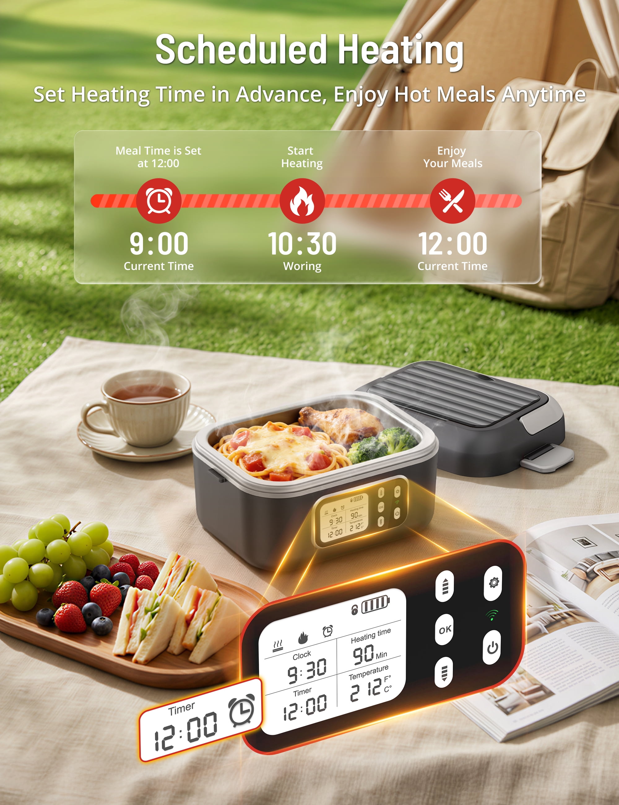 Cordless Electric Lunch Box for Adults,1.5L & 27000mAh Heated Lunch Box Battery Powered with Automatic Heating, 6 Cups Portable Food Warmer with Removable Tray Divider