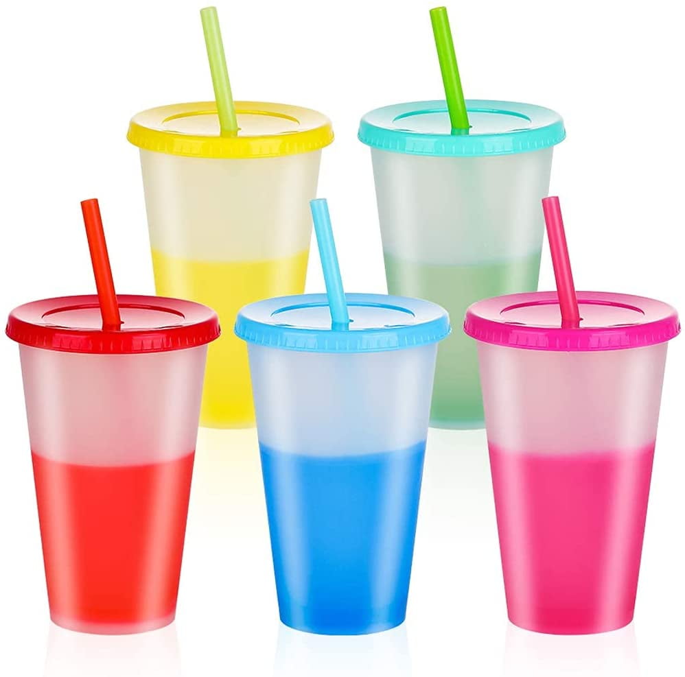 Color Changing Cups with Lids and Straws, 5 Pack 24 oz Plastic Cute Cup  with Lids and Straws Bulk, Kids Reusable Tumblers for Girls Boys Party,  Travel 