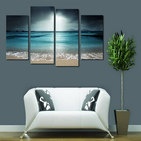 Open Sea Art Holiday Clearance 4 Panels Azure Sea Sky Seascape Unframed Oil Paintings Wall Art Decor for Living Room ()
