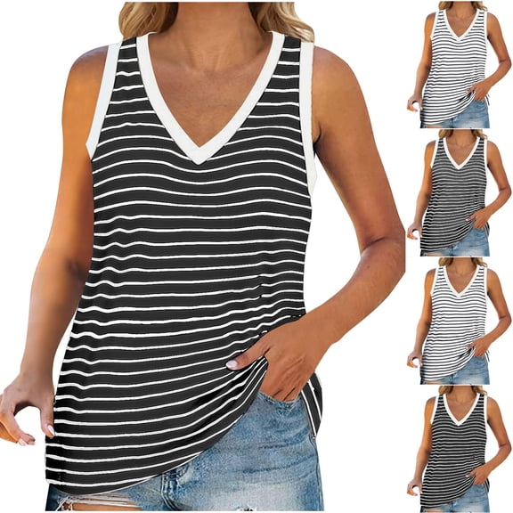 ZyeKqe Plus Size Tank Tops for Women V Neck Sleeveless Shirts Striped Loose Fitted Summer Top