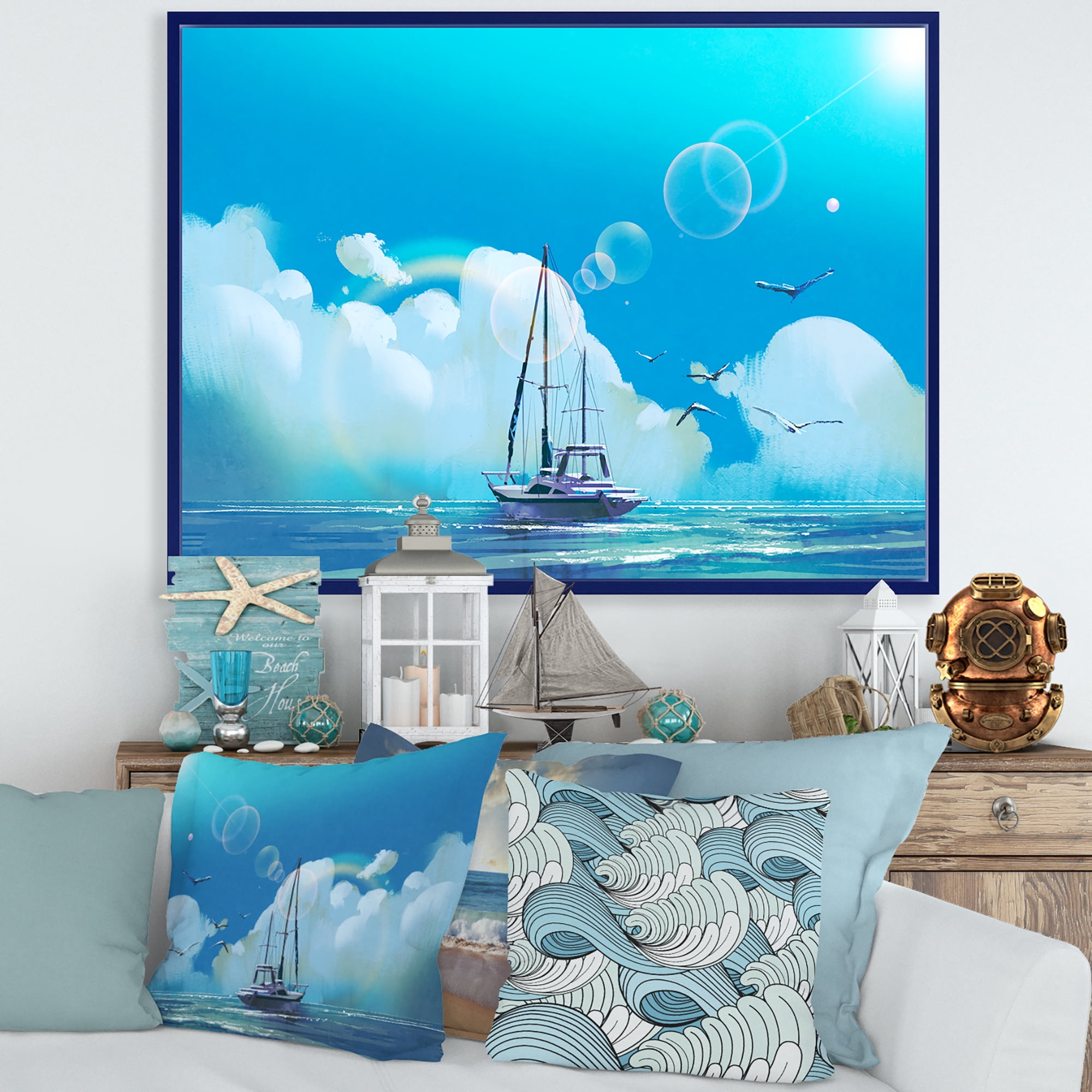 The Sailboat On The Blue Sea Against Summer Clouds Sky 20 in x 12 in Framed Painting Canvas Art Print, by Designart