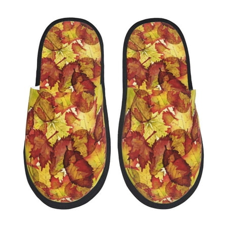 Balery Autumn Mosaic Maple Leaves Slient Indoor Furry Fleece Comfort House Shoes Soft Non-Slip Home Shoes Cotton slippers House Slippers-- Large