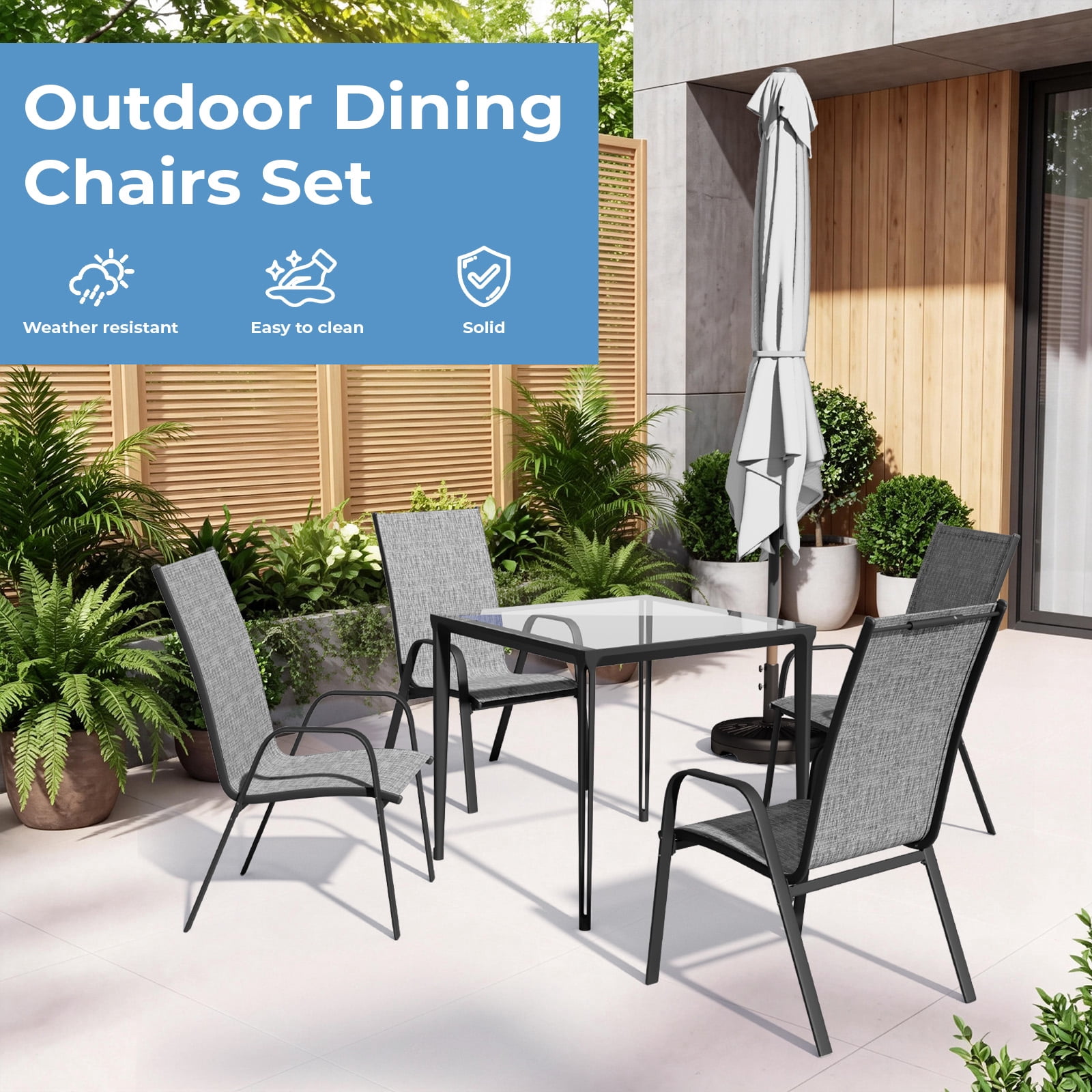 FUNDAZE Outdoor Dining Chairs Set of 4, Patio Dining Chair Stackable Armrest Patio Chairs Space Saving for Garden Backyard Deck, Gray