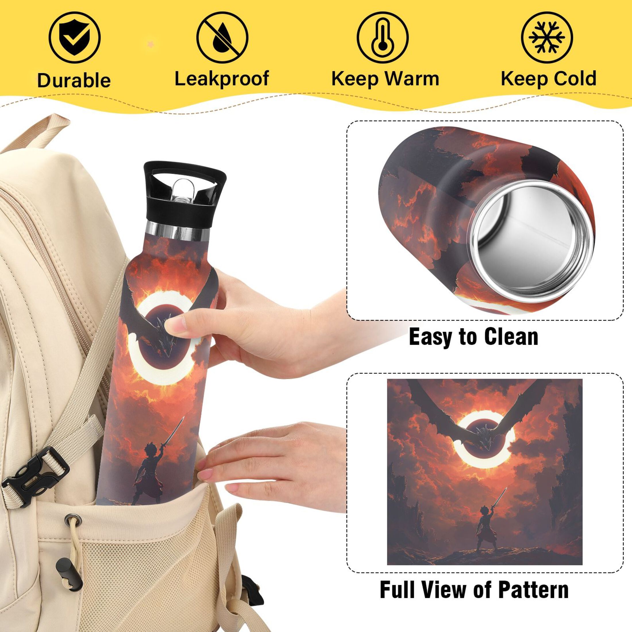 600ML Stainless Steel Insulated Cup Sports Water Bottle Portable Thermos Cup Water Glasses Insulated Tumblers Convenient and Durable Fierce Dragon