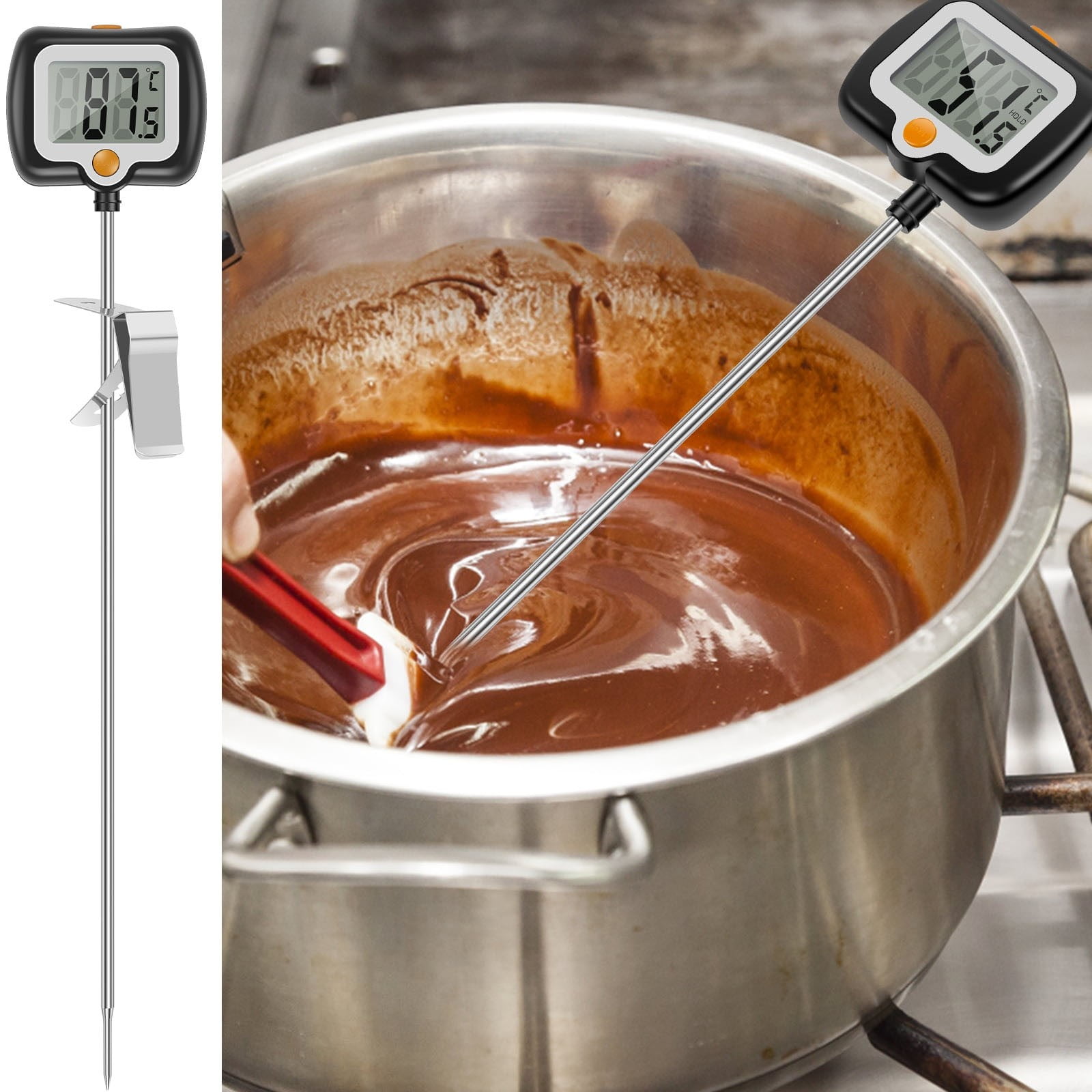 ZFSBZBS Long Digital Candy Thermometer with Pot Clip,Deep Fry Thermometer,Rotating Display, Best Instant Read Food Meat Thermometer for Candy Making or Deep Frying,Black