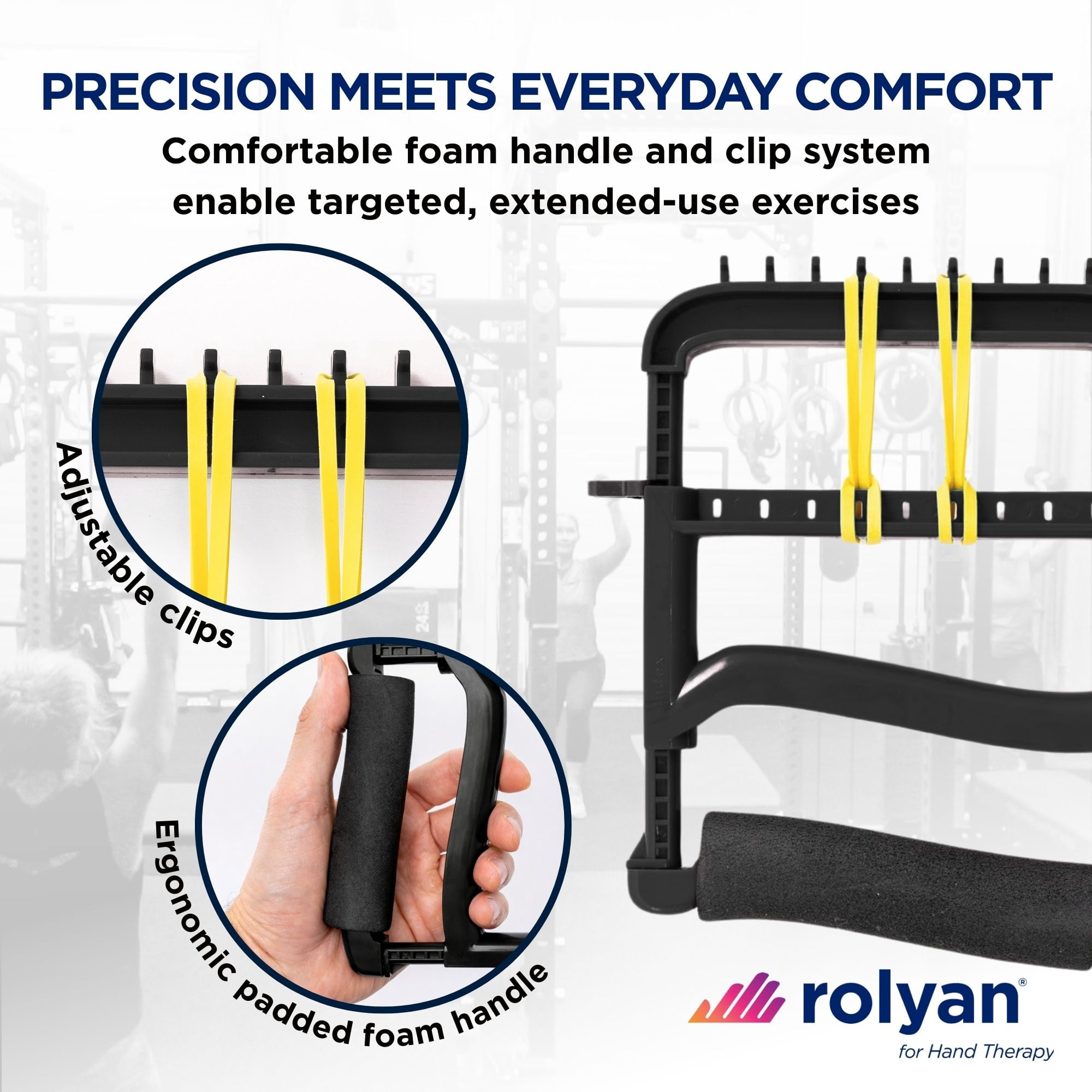 Rolyan Ergonomic Hand Exerciser with Padded Handle, Adjustable Grip Strength Trainer with 4 Color‑Coded Rubber Bands, Finger & Hand Exerciser for Therapy, Rehab, Strength Training, Black