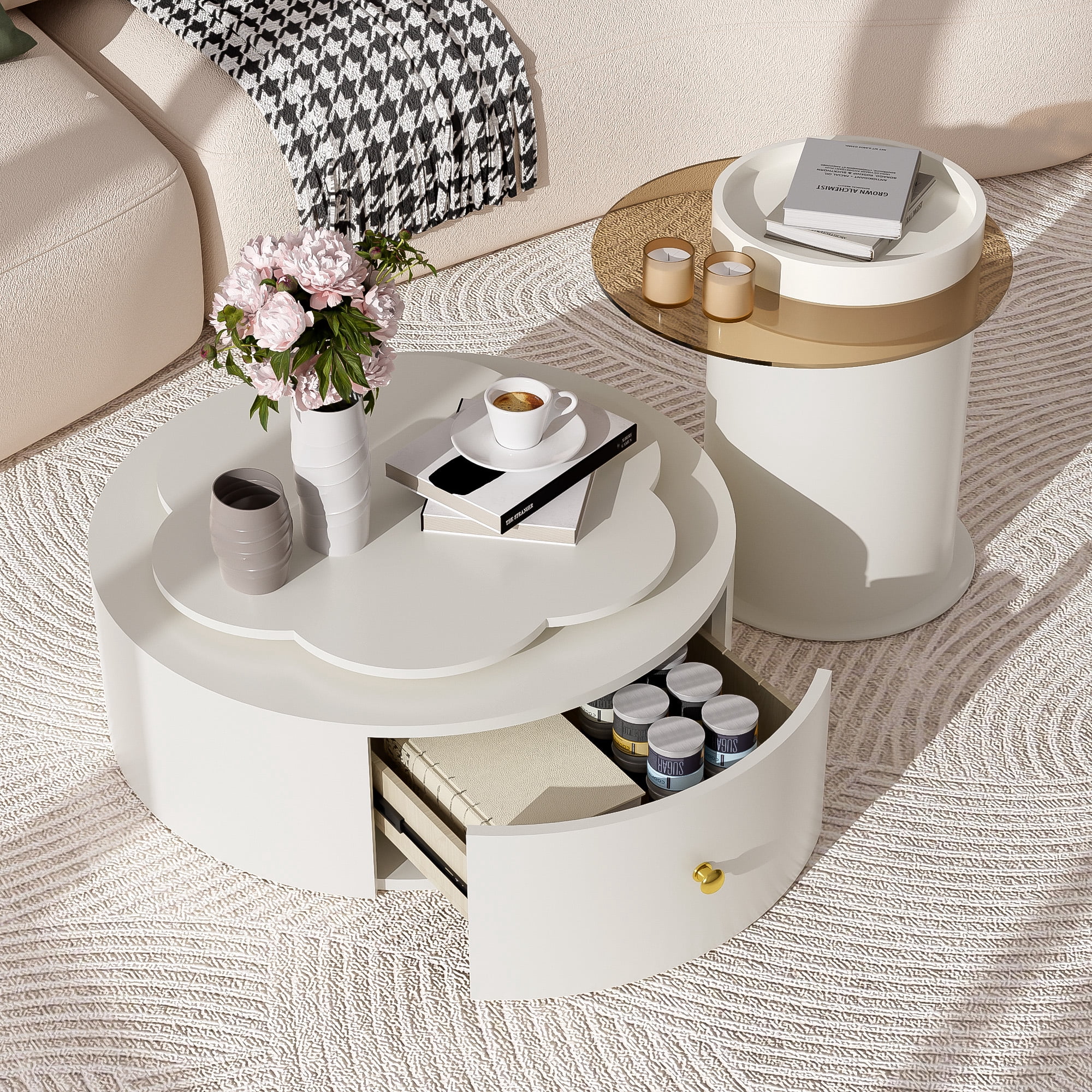 Euroco Rotating Flower-Shaped Coffee Table Set with Glass Side Table & Storage Drawers