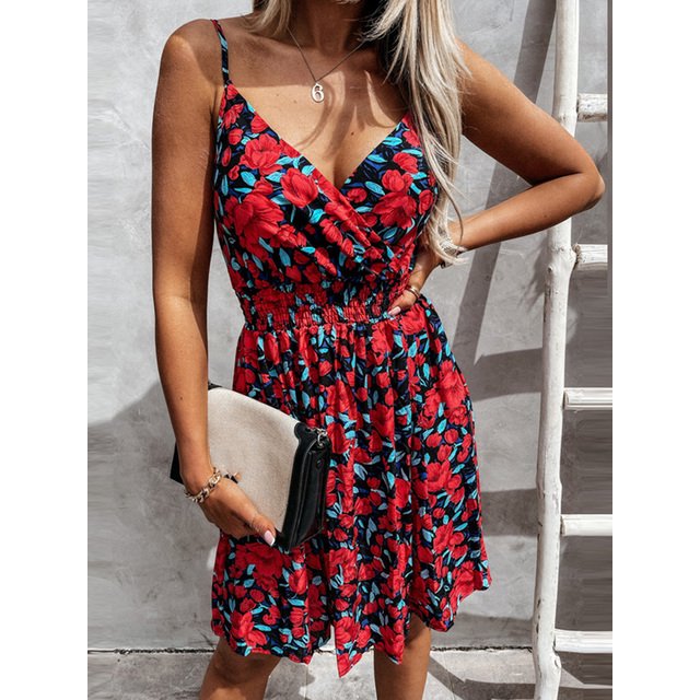 Robe Mini Rétro à Fleurs Taille Élastique Sexy Col en V Profond Sans Manches Robe d'Été Dos Nu Vestidos