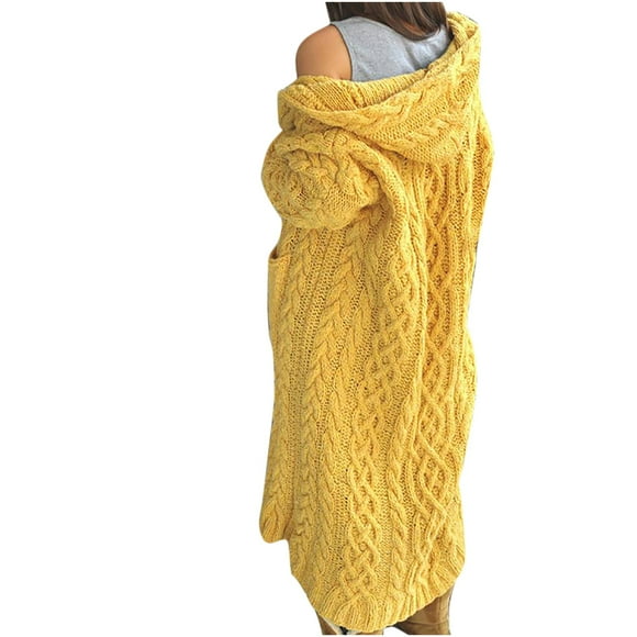 Womens Mid Length Hooded Cardigans Sherpa Sweater Thicken Winter Warm Chunky Cable Knit Outerwear Coat with Pocket