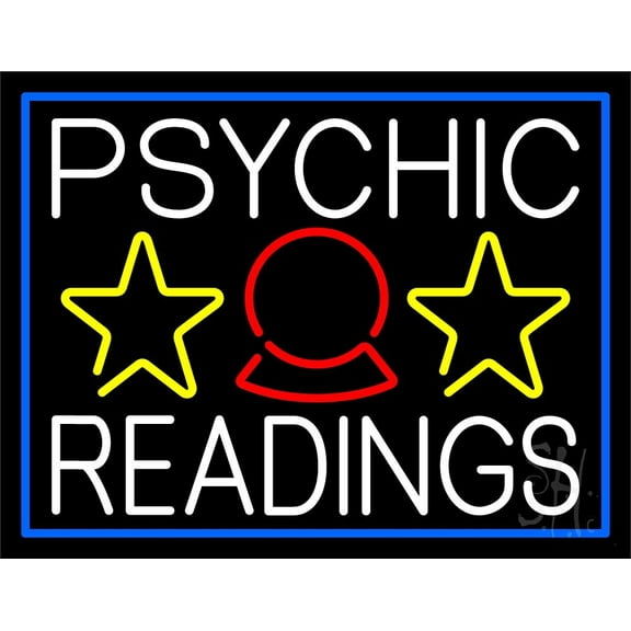 White Psychic Readings With Blue Border LED Neon Sign 15" Tall x 19" Wide - inches Black Square Cut Acrylic Backing, with Dimmer - Bright and Premium built indoor LED Neon Sign for Storefront.