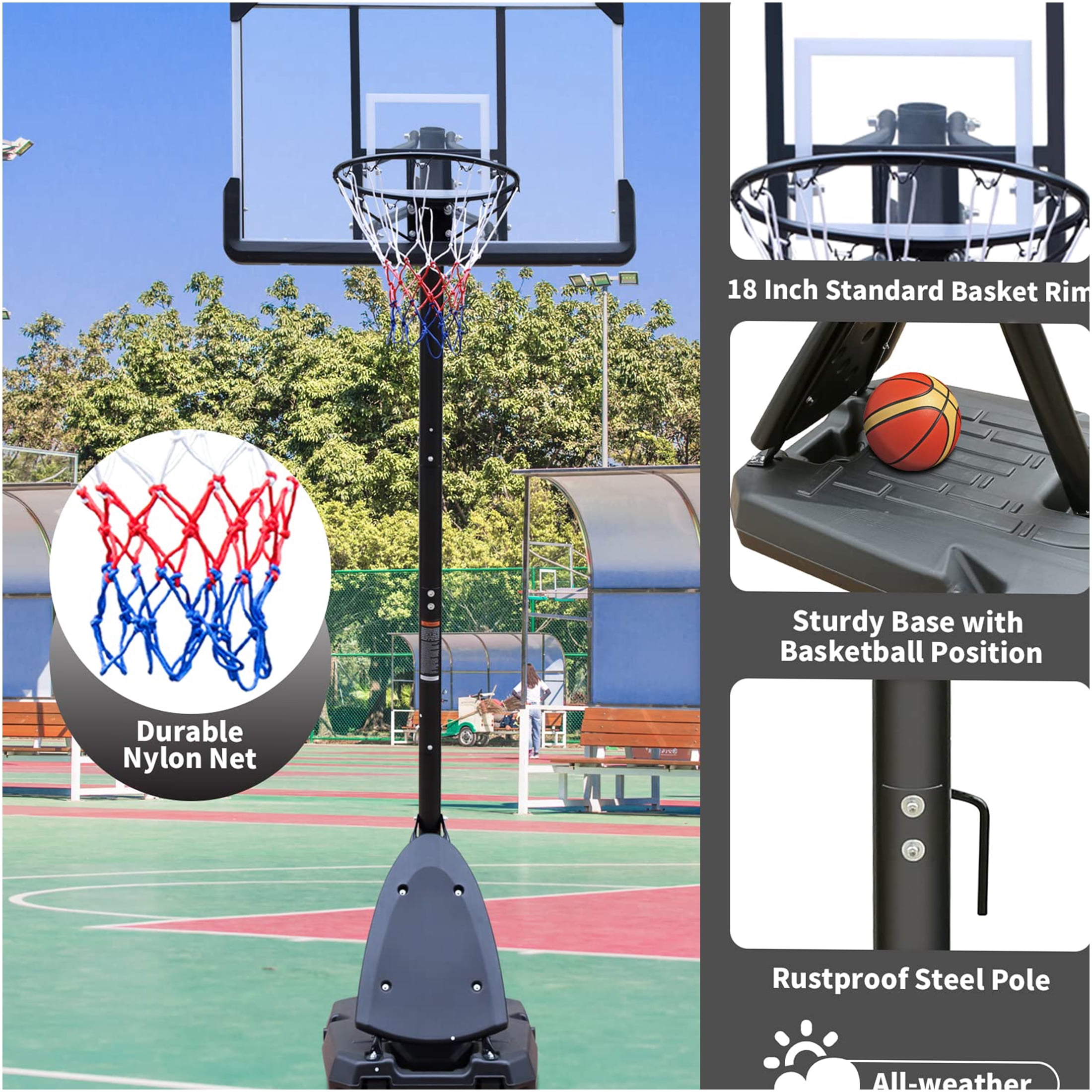 JERFIT 44" Portable & Adjustable Basketball Hoop System with Wheels, 7.5-10ft Height Adjustable Goal Post for Outdoor & Indoor Use, Durable Polycarbonate Backboard, Black+Gray