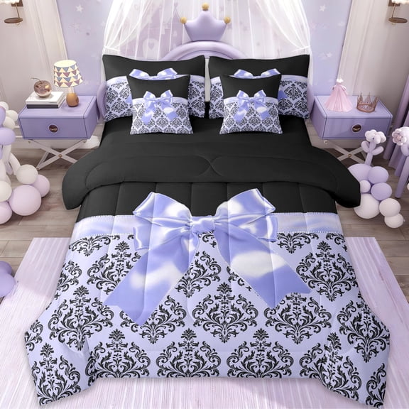 Erosebridal Purple Cute Bows Girls 7-Piece Twin Bedding Sets,Gothic Vintage Floral Bedding Comforter Set For Adult,Reversible black