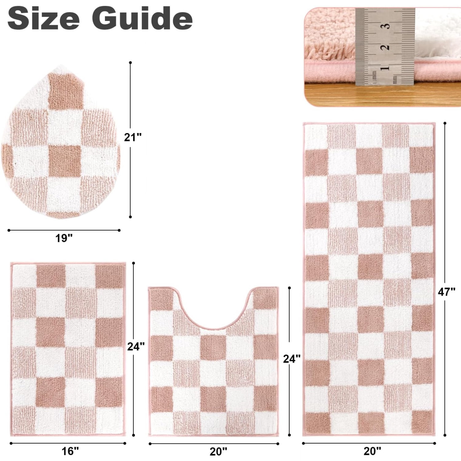 Bathroom Rugs, Yamaziot Checkered Pink Bath Rugs Runner with Toilet Mat, Non Slip Water Absorbent Microfiber, 4 Count
