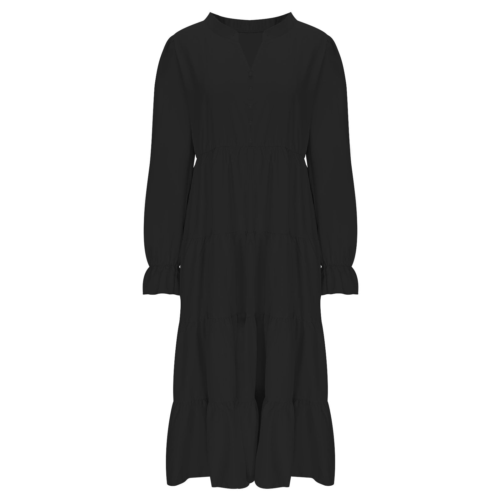 Arnsht Long Sleeve Dress for Women 2025 Spring Fall V Neck Tiered A-line Spring Elegant Modest Flowy Wedding Guest Maxi Dresses Black S