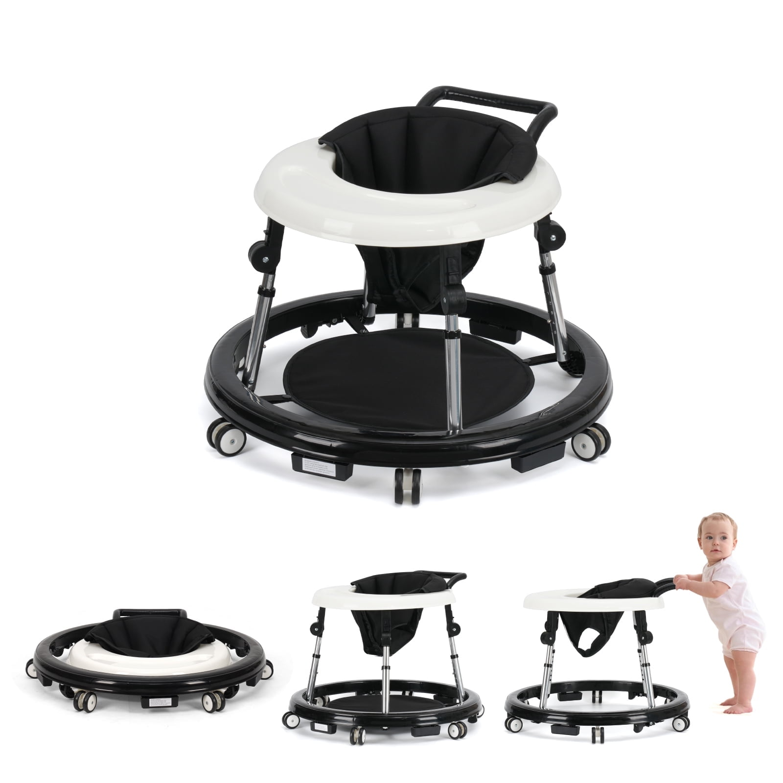 Baby Walker for 6-18 Months - One-Touch Foldable Design, 9 Adjustable Heights, Non-Slip Wheels with Removable Activity Tray, Black