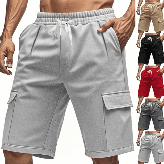Men's Plus Size Cargo Shorts Solid Color Drawstring Elastic Waist Workout Shorts with Pockets Breathable for Casual Gym Sweat Shorts