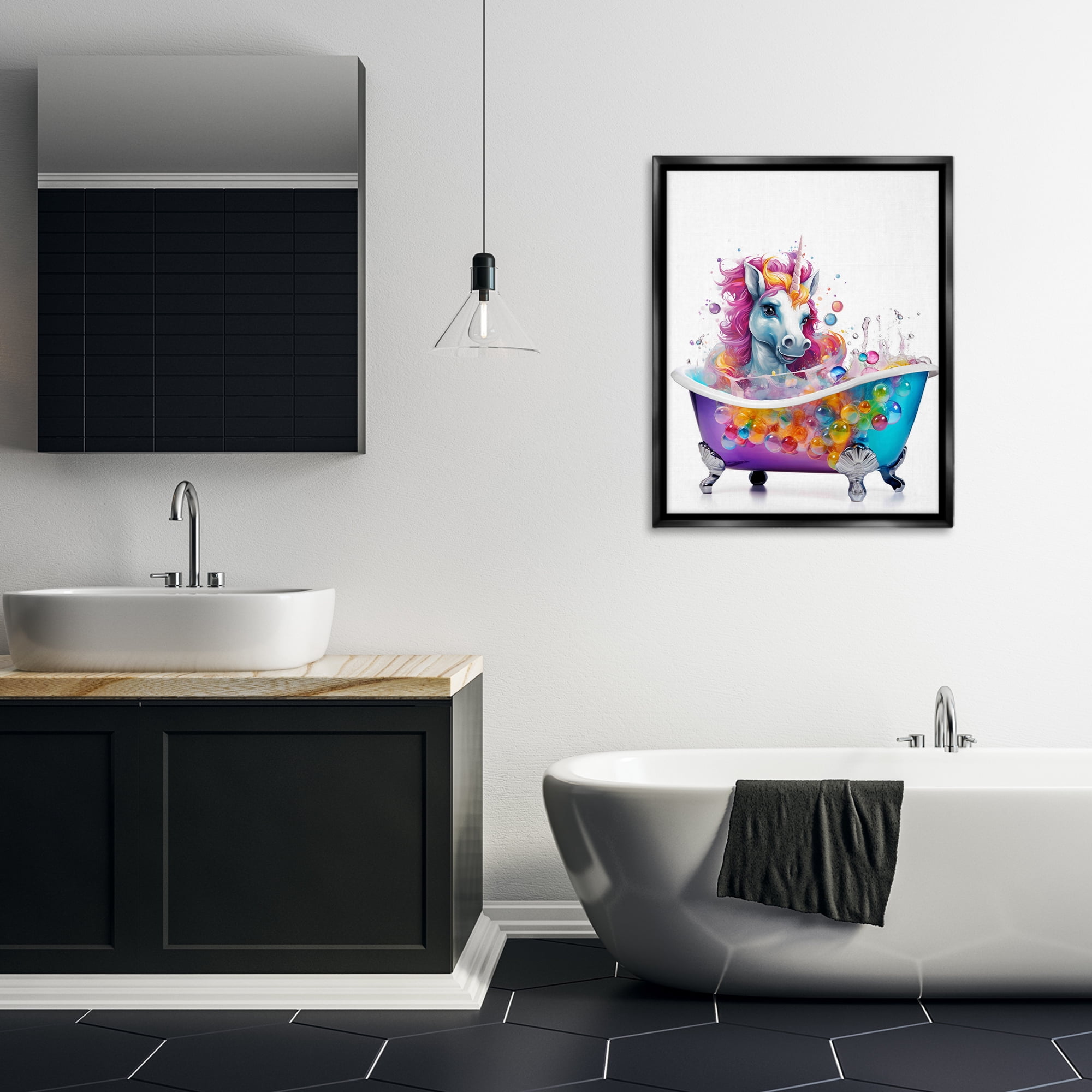Stupell Industries Rainbow Bubbles Unicorn Typography Painting Black Floater Framed Canvas Art Print Wall Art, 25 x 31