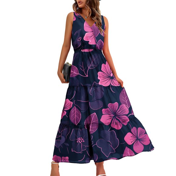 Pisexur Womens Dresses V Neck Sleeveless Maxi Dress Elastic Waist Tiered Swing Sundress Fashion Floral Print Prom Dress Summer Casual Loose Long Dress Comfy Flowy Wrap Dress for Beach Vacation