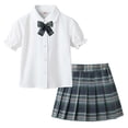 thumbnail image 4 of Cotton Two Piece Skirt Set for Girls Summer Puff Sleeve Collared Top Plaid Skirt Bow Tie Preppy School Uniform Outfit for Class Photos Party Recital, 4 of 6