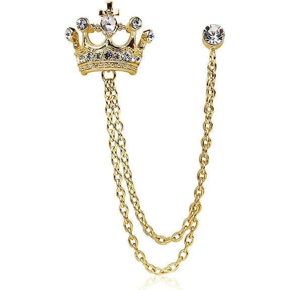 YOOE British Style Rhinestone Crown Chain Brooch. Retro Crystal Corsage Pin, Tassel Chain Suit Jacket Brooch Pin for Men Husband Gifts (Gold)