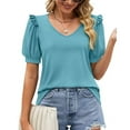 thumbnail image 2 of Puff Sleeve Blouse V Neck Pure Color Frill Trim Curve Hem Stretchy Casual Blouse for Women Summer Light Blue XXL, 2 of 6