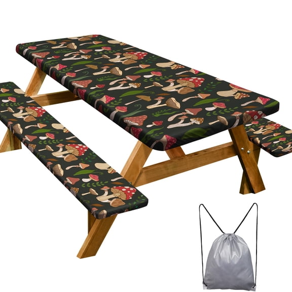 Picnic Table Cover with Bench Covers 3 Piece Set, Waterproof Windproof Camping Tablecloth for 60x30 Inch Rectangle Tables, 60x12 Inch Benches, Outdoor Picnic, BBQ, Camping, Drawstring Bag, Black Red