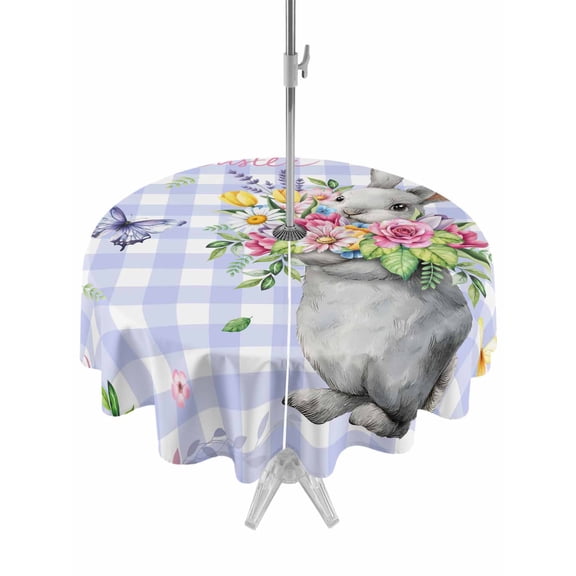Outdoor Tablecloth with Umbrella Hole and Zipper, Happy Easter Round Table Cloth 60 Inch Waterproof Tablecloth, Cute Bunny Spring Flowers Butterfly Purple Plaid Picnic Table Cover for Patio Camping