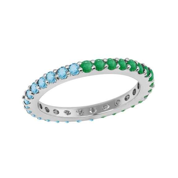2mm Round Shape Blue Topaz & Emerald 925 Sterling Silver Eternity Mother's Day Gift Ring