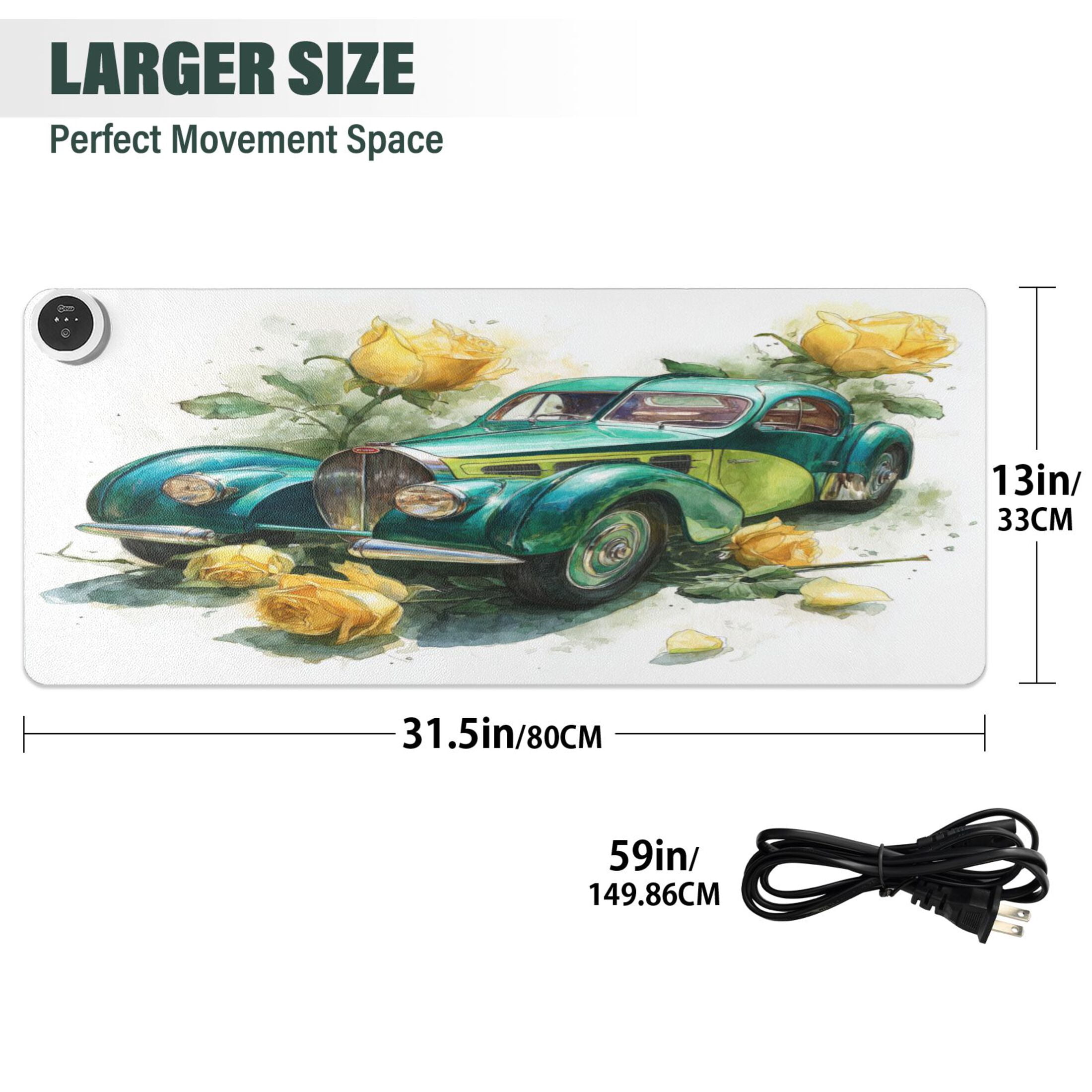 Large Heated Desk Mat Mouse Pad 31.5"x13"PU Leather Graphene Heating Desk Warmer with 3 Temperature Settings 110V US Plug Non-Slip Warm Pad for Home, Office, and Gaming Vintage Bugatti Yellow Roses