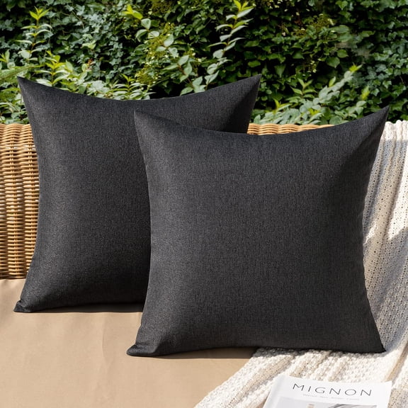 Pack of 2 Decorative Outdoor Solid Waterproof Throw Pillow Covers Faux Linen Garden Farmhouse Cushion Cases for Patio Tent Balcony Couch Sofa 18x18 Inch Black