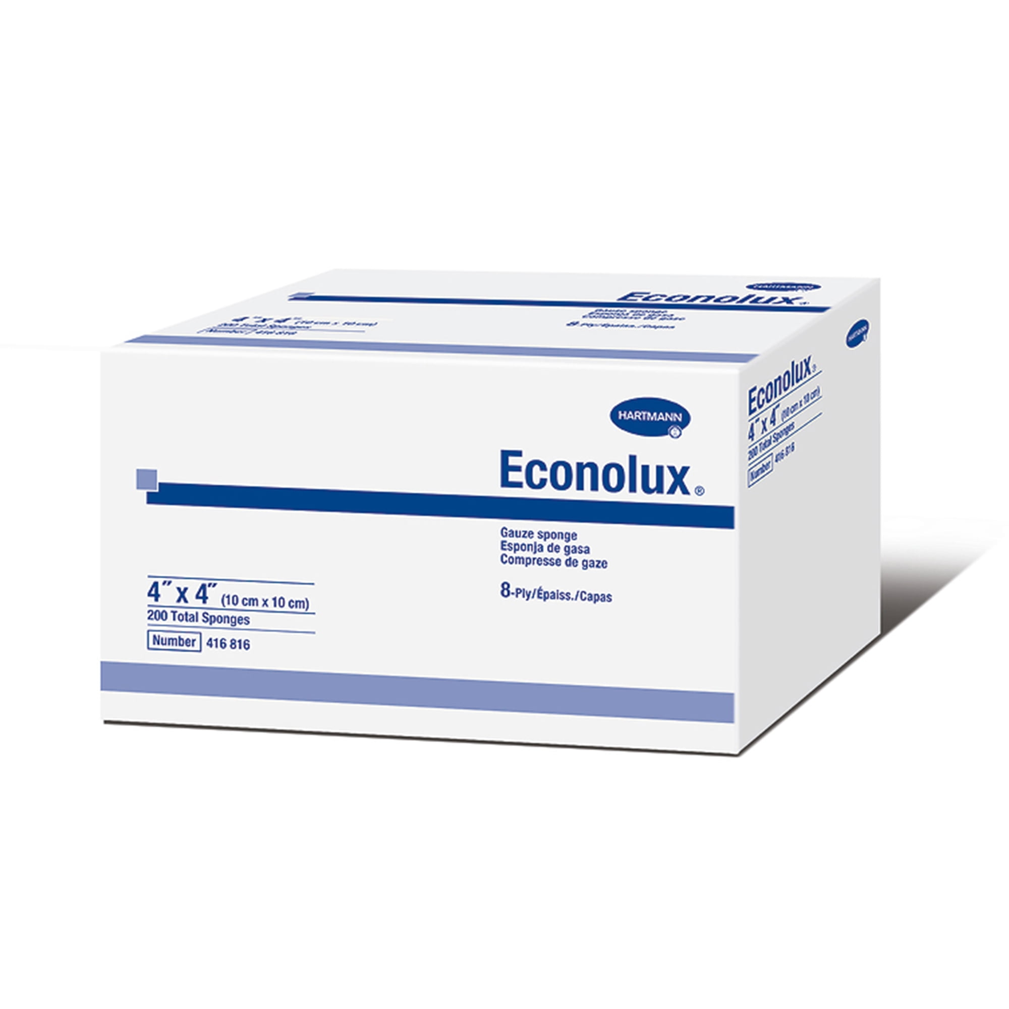 Econolux Non-Sterile 8-Ply Cotton Square Gauze Sponges, 4"x 4", 200 per Pack, 20 Packs, 4000 Total