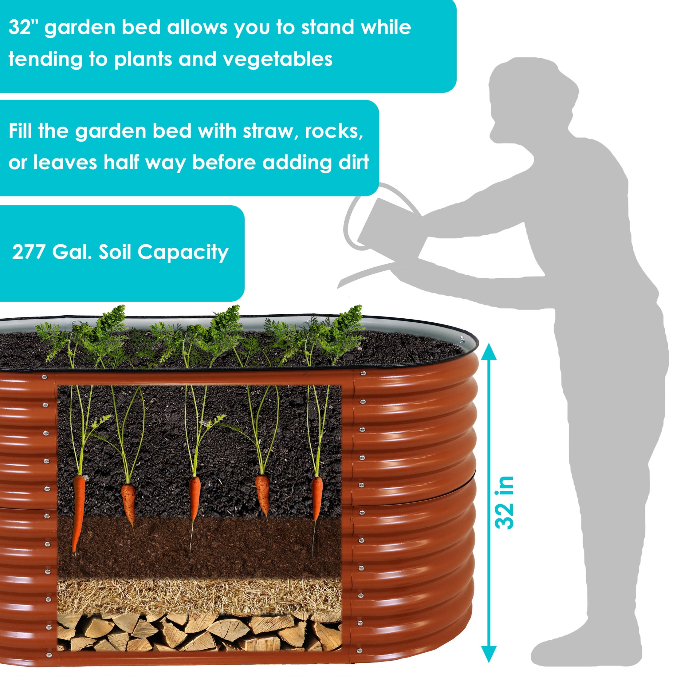 Sunnydaze 62.5" x 32" x 32" Oval Brown Steel Stackable Raised Garden Bed
