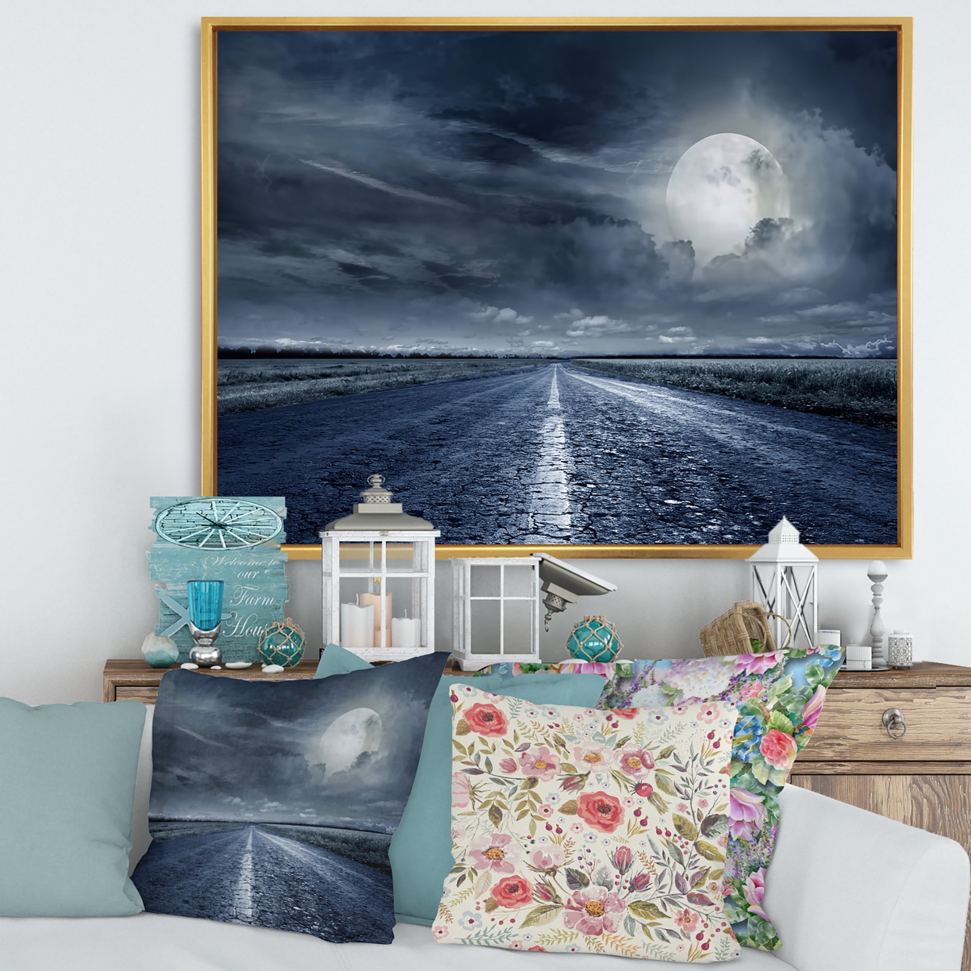 Designart 'Cloudy Full Moon Over Asphalt Road II' Nautical & Coastal Framed Canvas Wall Art Print