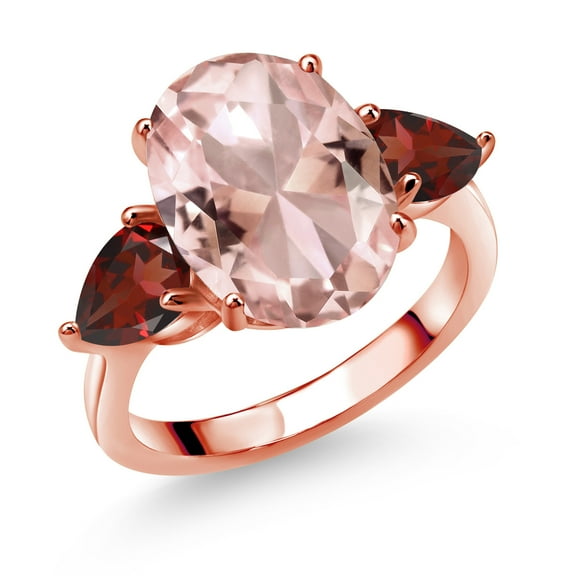 Gem Stone King 18K Rose Gold Plated Silver Peach Nano Morganite and Red Garnet Ring for Women (10.74 Cttw, 14X10MM Oval and 7X5MM Pear Shape, Gemstone October Birthstone, Size 5)