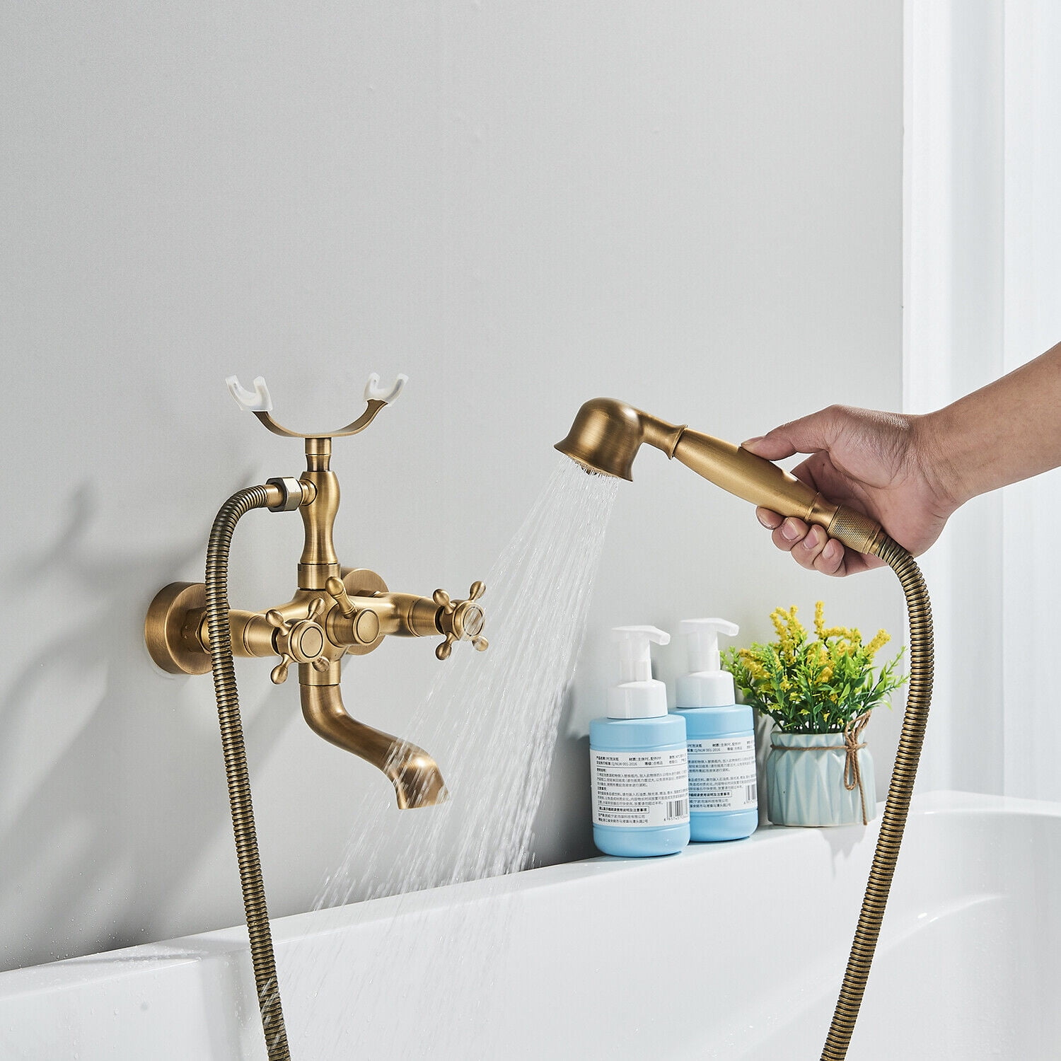 Antique Brass Clawfoot Bathtub Faucet with Hand Sprayer Dual Cross Tub Filler