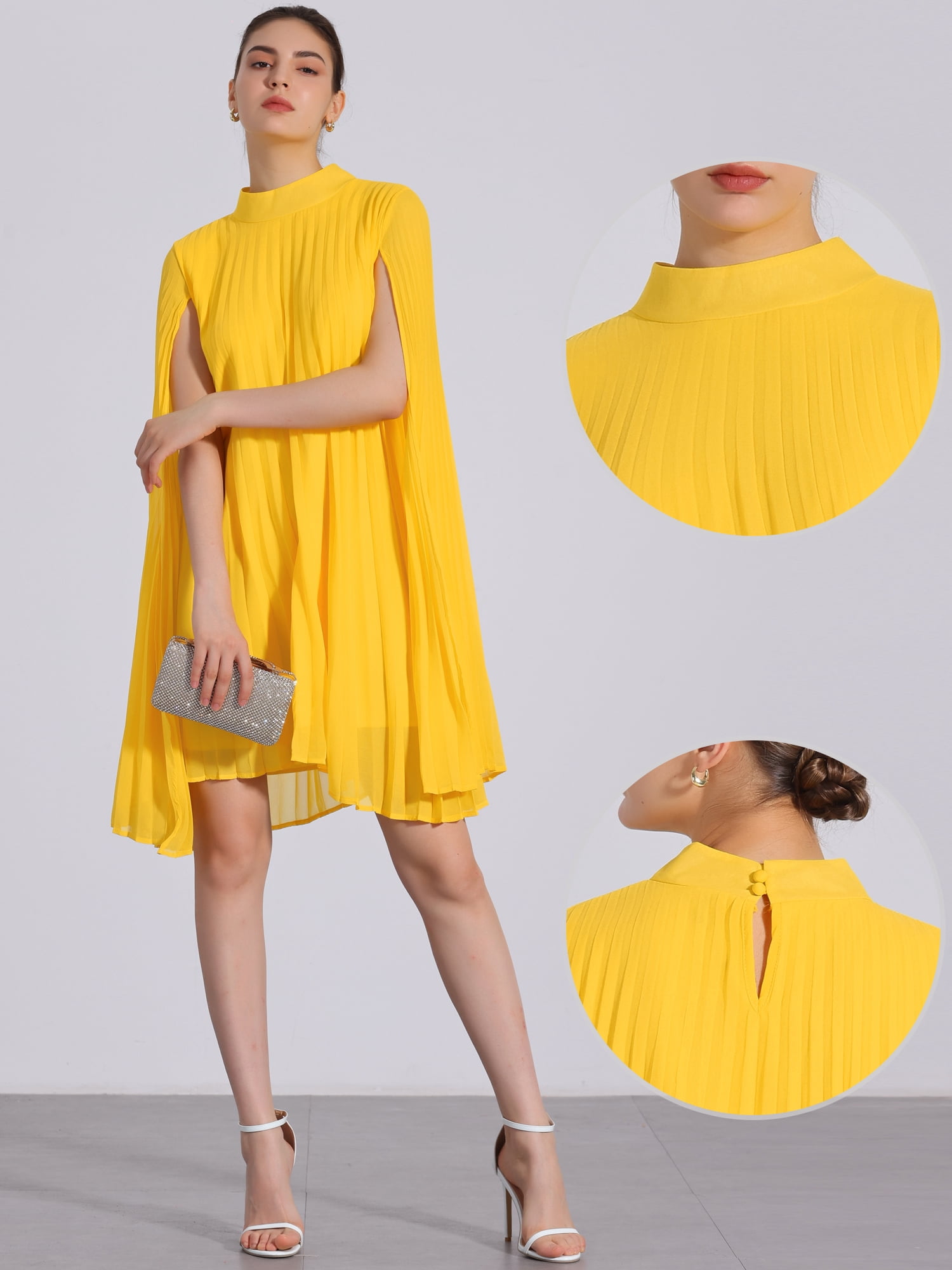 DARING DIVA Flowy Cloak Sleeve Cape Pleated Chiffon Dress XL Yellow