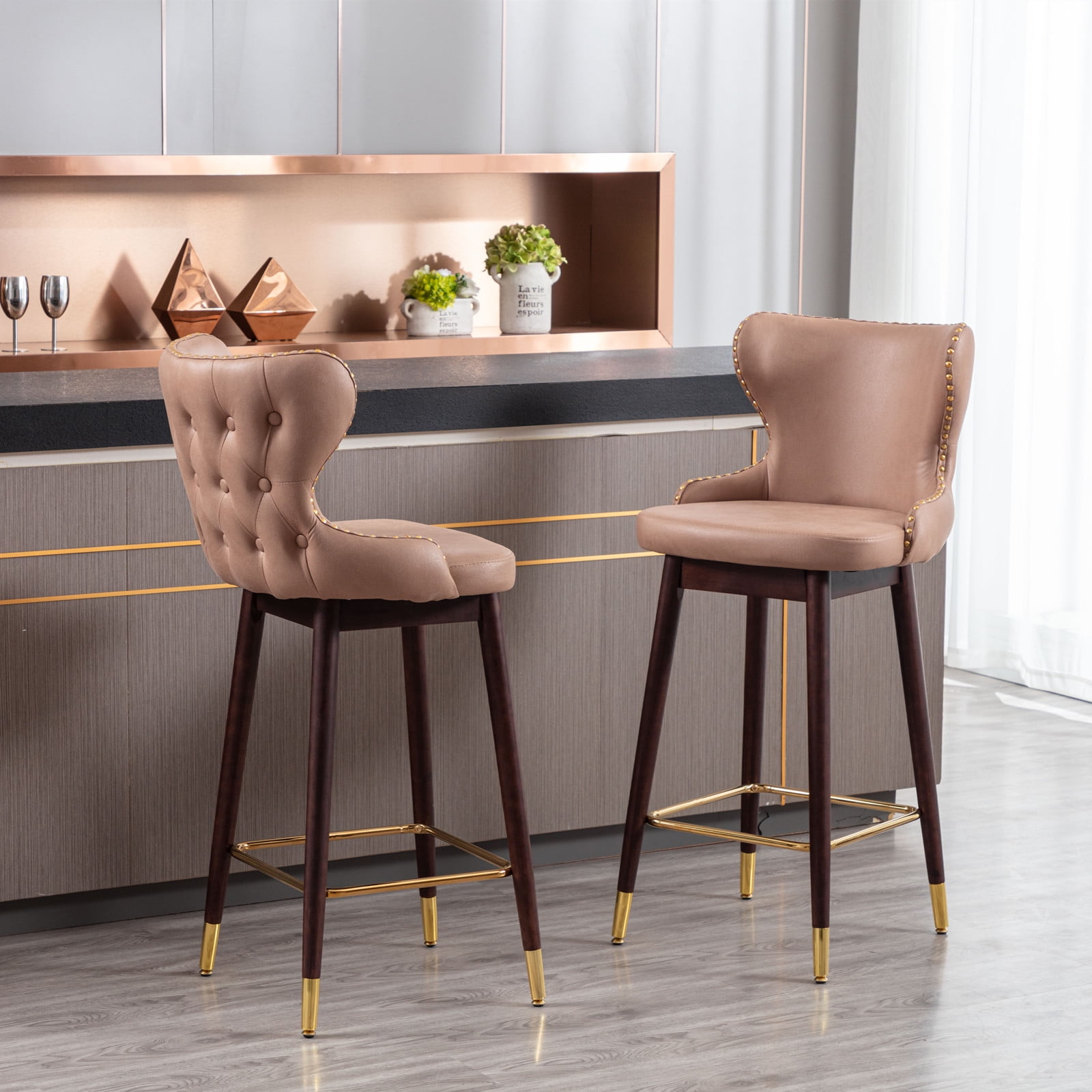 Yardi Yard Modern Leathaire Set of 2 Bar Stools with Back, 29.9" Tufted Gold Nailhead Trim Counter Height Stools for Pub Kitchen, Khaki Yardi Yard Modern Leathaire Set of 2 Bar Stools with Back, 29.9" Tufted Gold Nailhead Trim Counter Height Stools for Pub Kitchen, Khaki