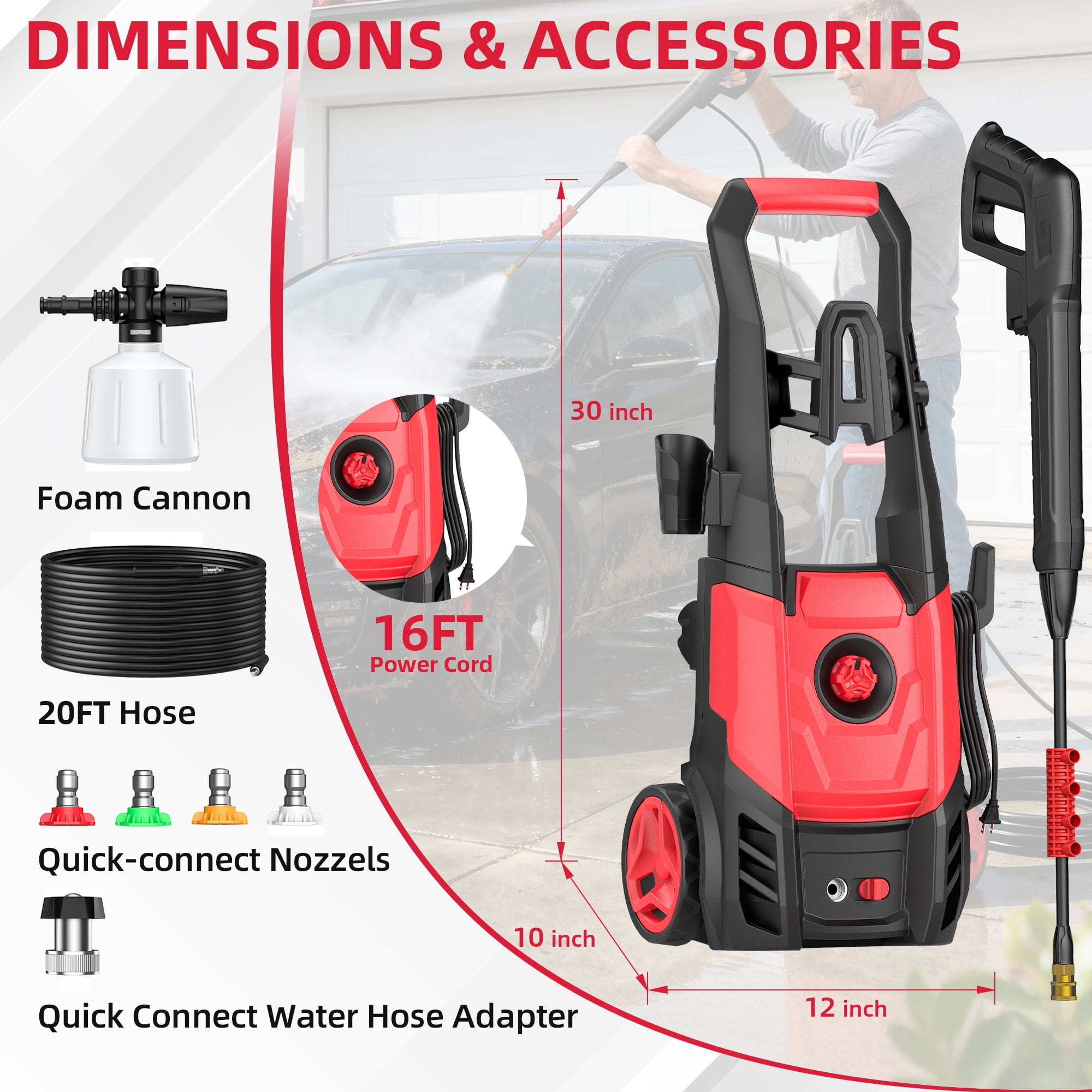 Elevon 2.5 GPM Electric Pressure Washer with Foam Cannon, Portable Power Washer for Cars, Patios & Driveways