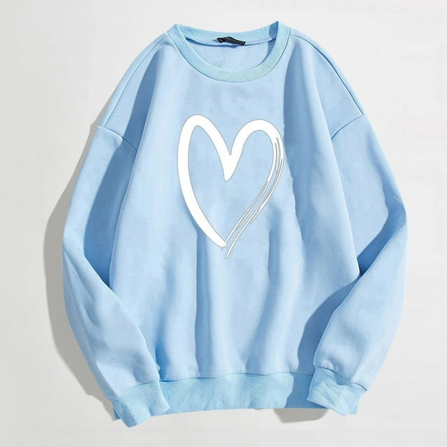 Bmisegm Mode Chandail Chaud pour Femmes Décontracté à Manches Longues Col Rond Doux T-Shirt Imprimé Cœur d'Amour Chandails d'Hiver pour Dames Hauts Chandail pour Femmes Bleu Pâle S
