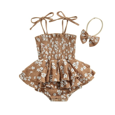 

Newborn Baby Girls Summer Casual Sling Romper Sleeveless Layered Ruffle Floral Playsuit with Headband 0-3 Months