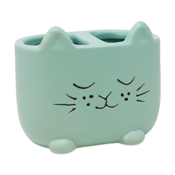 Isaac Jacobs Blue Ceramic Cat Organizer, Multi-Purpose 2-Section Holder for Home and Office